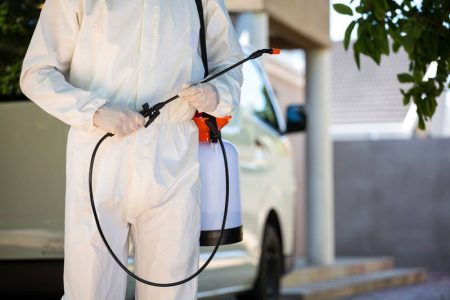 Mid section of pest control man standing next to a van